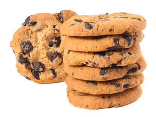 Chocolate chip cookies isolated on white background. Sweet biscuits. Homemade pastry.