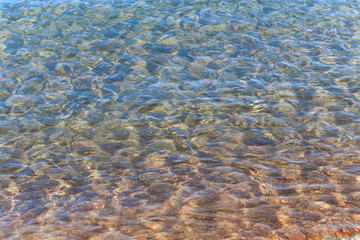 Blue clear water. Sea, lake, sun, beach, vacation Background for inserting images and text. Tourism, travel.