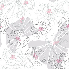 Big poppies flowers and tropical leaves. Floral vector seamless pattern with hand drawn botanical elements.