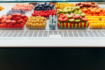 french macarons for sale.cookies in the shop, on the storefront