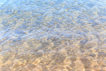 Blue clear water. Sea, lake, sun, beach, vacation Background for inserting images and text. Tourism, travel.