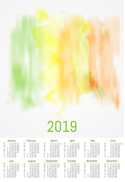 Vector Watercolor Design Calendar 2019