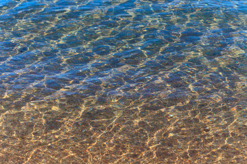 Blue clear water. Sea, lake, sun, beach, vacation Background for inserting images and text. Tourism, travel.