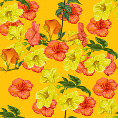 Orange trumpet and gold trumpet  flower seamless pattern
