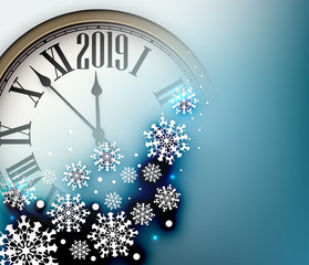 Fototapeta na wymiar Blue 2019 New Year background with clock. Greeting card.