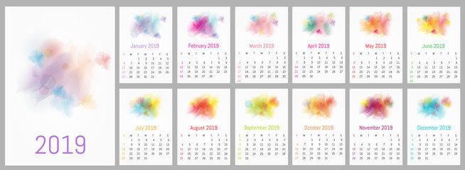 Vector watercolor design calendar 2019