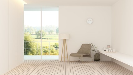 Interior hotel relax space 3d rendering - nature view background