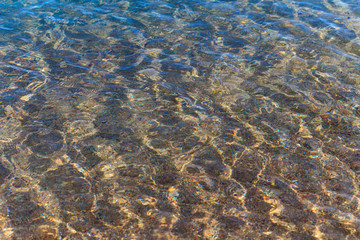 Blue clear water. Sea, lake, sun, beach, vacation Background for inserting images and text. Tourism, travel.