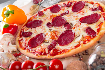 Top view of fresh baked pizza