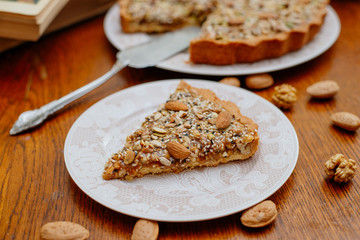 Victorian pie with nuts and seeds. Autumn mood.