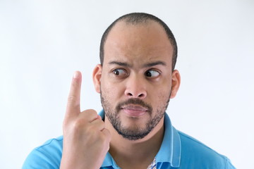 Man in blue t-shirt expressive face one