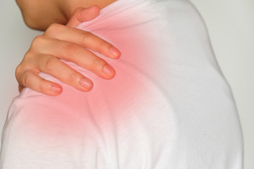 Man suffering from shoulder pain on white background  ,  Healthcare and medical concept..