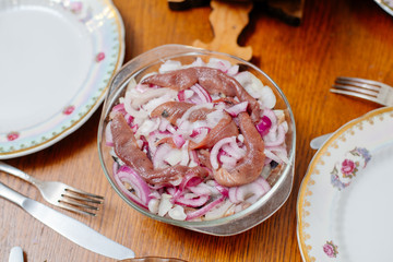 Celery herring with pickled onions. Herring roe. 