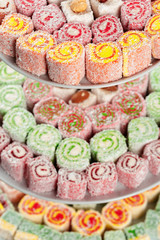 Turkish delight on a wooden table.