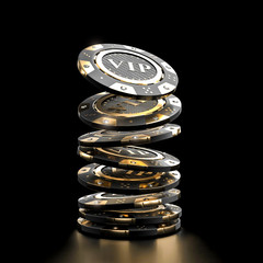  casino and poker chips, gold colored carbon fiber and diamonds, concept of luxury wealth and...