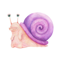 Watercolor hand drawn illustration. Cute character smiling colorful snail isolated painting on white background. For kids fashion, funny cartoon style. For cards, invitations, party, banners