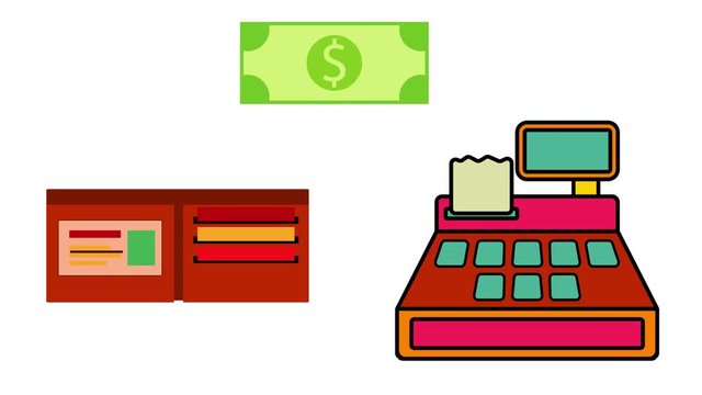 Payment concept animation. Flat design isolated Wallet, cash register and flying dollar