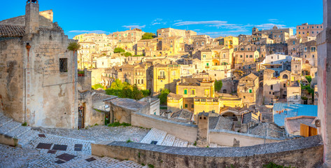 Naklejka premium Panorama of a beautiful medieval city at sunset, Matera. Italy. Europe