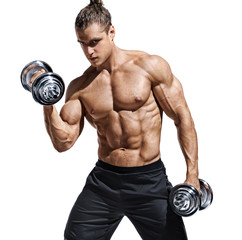 Fototapeta na wymiar Sporttive man doing exercises with dumbbells at biceps. Photo of young man with naked torso and good physique isolated on white background. Strength and motivation.