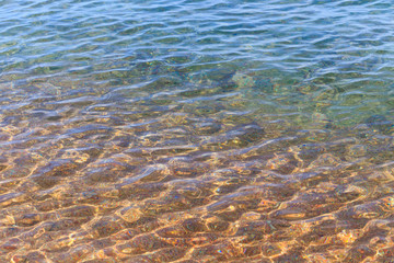 Blue clear water. Sea, lake, sun, beach, vacation Background for inserting images and text. Tourism, travel.