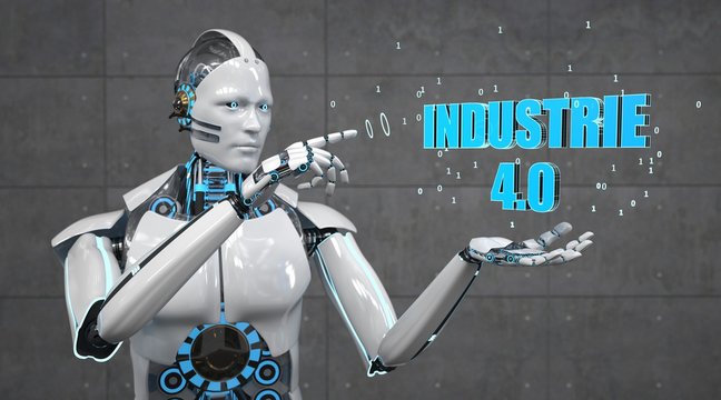Humanoider Roboter mit dem Wort Industrie 4 Punkt 0