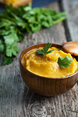 Cabbage caviar in a wooden bowl
