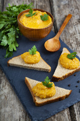 Cabbage caviar in a wooden bowl