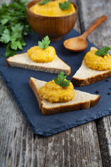 Cabbage caviar in a wooden bowl