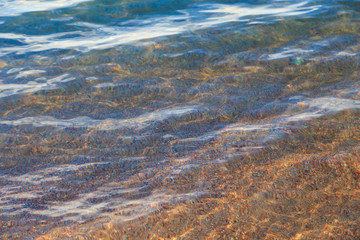 Blue clear water. Sea, lake, sun, beach, vacation Background for inserting images and text. Tourism, travel.