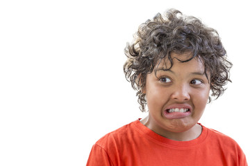 grimace of disgust. portrait of young boy grimacing of disgusty isolated on white background - obrazy, fototapety, plakaty