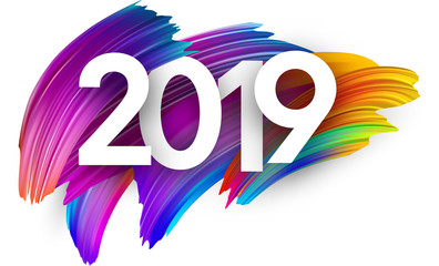 2019 new year festive background with colorful brush strokes.