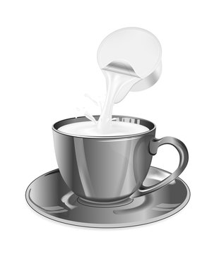 Single serve cup for dairy creamer. Black glass coffee cup and saucer
