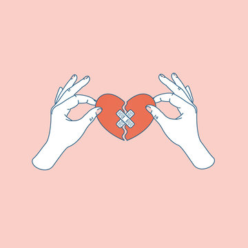 Woman hand holding repaired broken heart. Fixed broken heart. Vector illustration