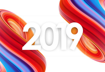 Vector illustration: Number of 2019 with colorful abstract fluid shape. Trendy design.
