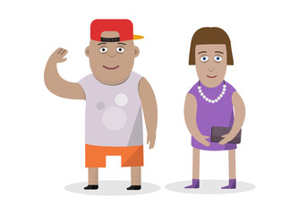 Vector flat character design on couple. Boy and girl on isolated white background. Cartoon character.