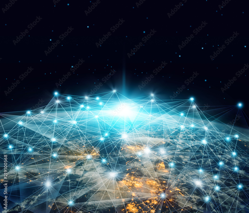Poster Network and data exchange. Global networking business and telecommunication  connected over planet earth in space 3D rendering. 