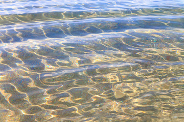 Blue clear water. Sea, lake, sun, beach, vacation Background for inserting images and text. Tourism, travel.