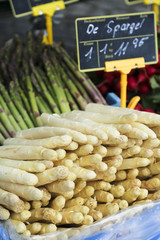 Fresh white asparagus on market