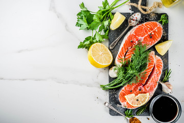 Raw salmon fish steaks