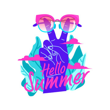 Hello summer with victory hand sign and glassed concept poster. Artistic modern design for greeting cards, invitations, posters, banners, t-shirt, vector illustration