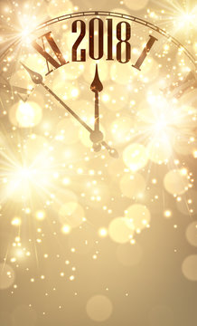 Gold bokeh 2019 New Year background with clock.