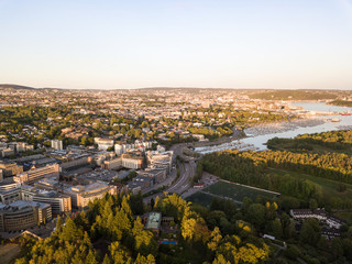 Aerial sunset view on Skoyen urban area in Oslo, Norway