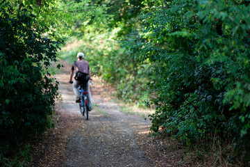 Fototapeta na wymiar Blurred man cycling from work on a path in the forest in the middle of the city