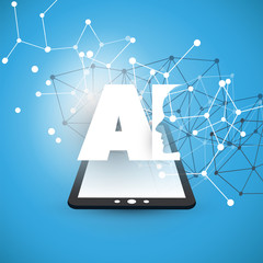 Machine Learning, Artificial Intelligence, Cloud Computing and Networks Design Concept with Tablet PC, Network Mesh and AI Label