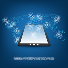 Digital Network Connections, Technology Background - Cloud Computing Design Concept with Tablet PC and World Map