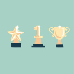 Set of trophy cup, award, vector icon in flat style