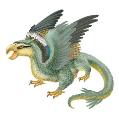 dragon, aile,plume,mytique, reptiles, oiseau , vert, illustration,chine
