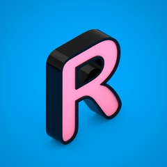 Black letter R uppercase with pink neon light isolated on blue background.