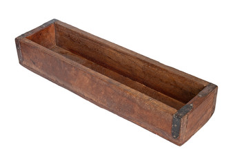 Empty brown wooden storage box on white