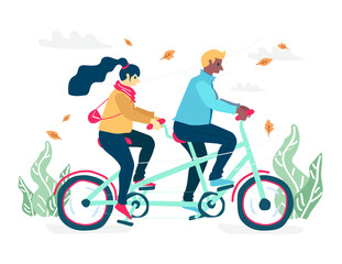 Fototapeta na wymiar Cute happy couple riding in tandem bike recreation